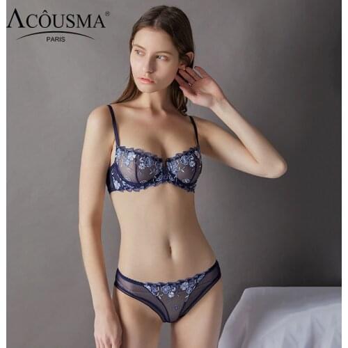ACOUSMA Women Bra Lace Embroidery Brief Panty Sets Ultrathin Sexy Underwear Transparent Panties Lingerie Brassiere See through
