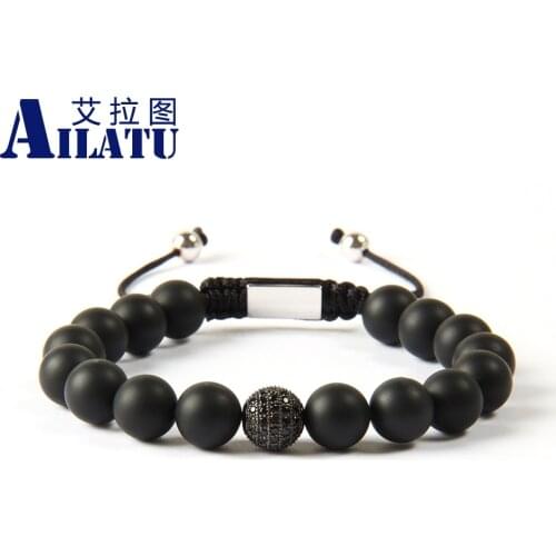 Ailatu New Design Wholesale 10pcs/lot 10mm Natural Matte Onyx Stone with Micro Pave Black Cz Ball Macrame bracelet for men