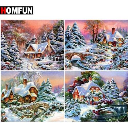 HOMFUN Full Square/Round Drill 5D DIY Diamond Painting "House snow scene" Embroidery Cross Stitch 5D Home Decor Gift