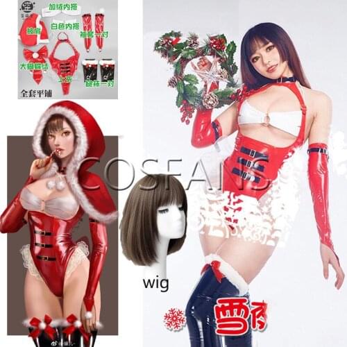 Anime Bikini Suit Christmas Gift New Year Cosplay Costume Red Patent Leather Sexy Hollow Out Big Bowknot Daily Snow Coat Sets
