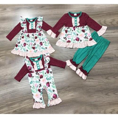 Girlymax Baby Girls Wine Plum Floral Polka Dot Romper Toddler Pants Set Dress Boutique Cotton Ruffles Family Look Kids Clothing