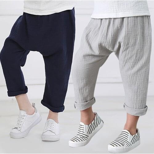 Baby Boys Linen Pleated Pants For Toddler Kids Ankle-length Harem Loose Casual Trousers Children Solid Color Anti-mosquito Pants