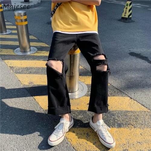 Men Baggy Jeans Leisure Holes Solid Plus Size 3XL Ankle-length Teens Straight Denim Streetwear Irregular Vintage Ripped Trousers