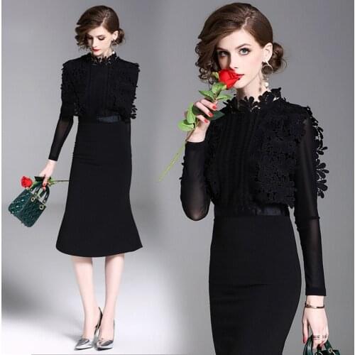 Elegant Women Vintage Dress Midi Mermaid Spring Shirt Dress Summer High Waist Lace Top F0196 Long Sleeve