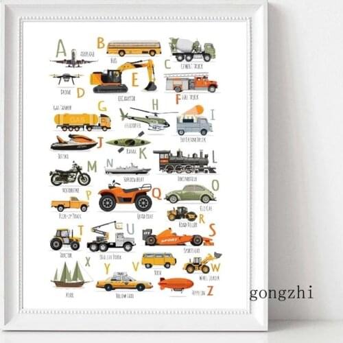 Child Educational Poster Prints Cars Truck Learning Alphabet Abc Canvas Painting Kids Boy Room Wall Art Pictures for Home Decor