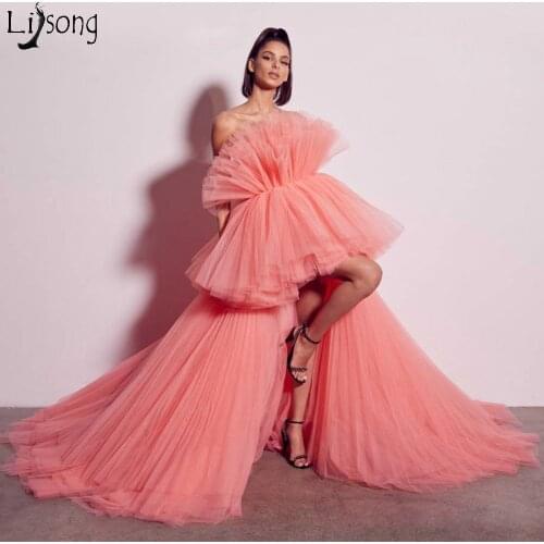 Coral High Low Prom Dress 2020 Long Evening Dresses with Detachable Train Lush Tulle Asymmetrical vestidos Chic Celebrity Dress