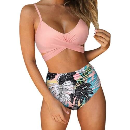 Swimming Suit For Women Crisscross Halter High Waisted Bikinis Set String Floral Printed Two-Piece Swimsuit Bathing Suit Tankini