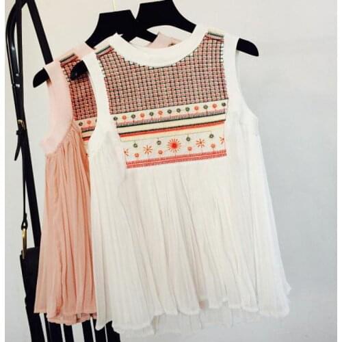 Summer Sweet Ladies Woman Black White Embroider Ruffles Sleeveless Ruffles Chiffon Blouse Shirt , Womens Pleated Loose Blouses