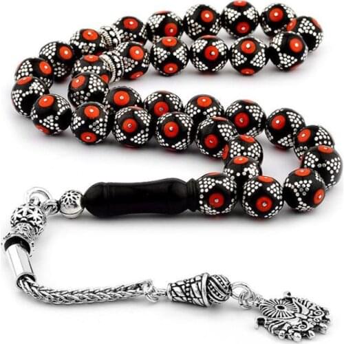 Natural Jet Stone Prayer Bead With Silver Tassel Men Rosary Islamic Tasbih With Ottoman Tassel 925 Sterling Silver