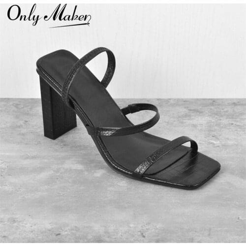 Onlymaker Summer Women Slip-On Sandals Square Toe Matte Black Crocodile Elastic Band Narrow Band Chunky High Heel Concise Casual
