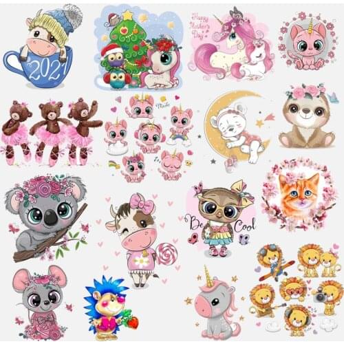 Cartoon Animal Patch Iron on Transfer Unicorn/Cat Patches for Kids Clothing DIY T-shirt Appliques Heat Transfer Vinyl Stickers