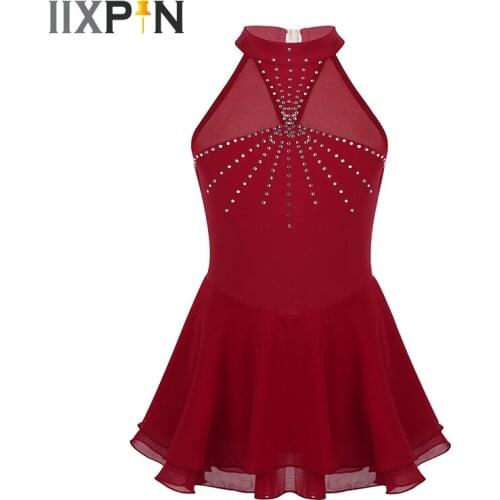 Girls Figure Skating Dress Ballet one ice Sparkly Rhinestone Mesh Splice Ice Skating Roller Skating Dance Leotard Ballet Dress