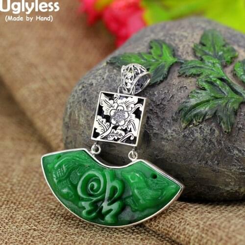 Uglyless Myanmar Hte Long Sein Jade Emerald Pendants for Women Upside Down Chinese FU=Happiness Arrived Gifts Jewelry 925 Silver