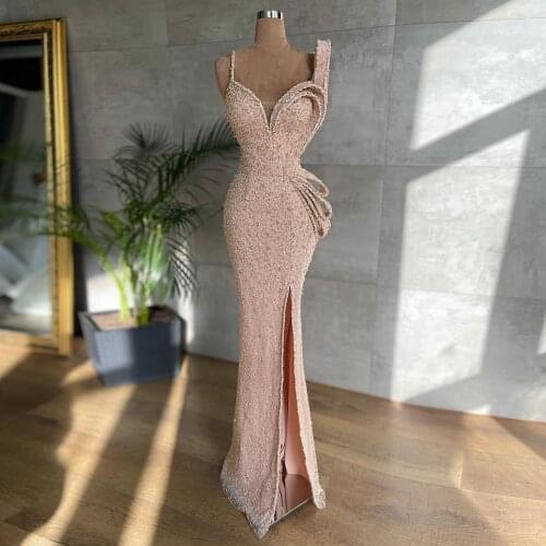 Pink Elegant Exquisite Sexy Evening Dress V-Neck Spaghetti Strap Crystals Floor Length High Split Formal Prom Dress Plus Size