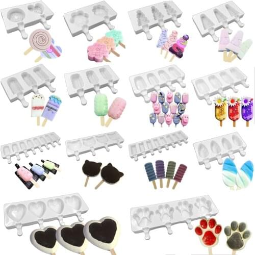 2/4/8 Hole Silicone Ice Cream Mold Ice Cube Tray Chocolate Popsicle Molds with Wooden Popsicle Sticks DIY Dessert Homemade Tools
