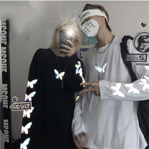 Butterfely Reflective T Shirt Streetwear Men Women T-Shirt Japan Harajuku Couple Tshirt Funny Summer Autumn High Street Tops