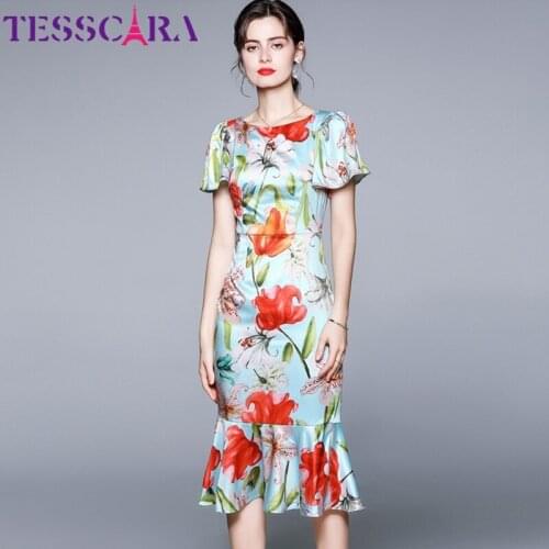 TESSCARA Women Summer Elegant Satin Dress Festa Female High Quality Trumpet Wedding Party Robe Femme Vintage Designer Vestidos