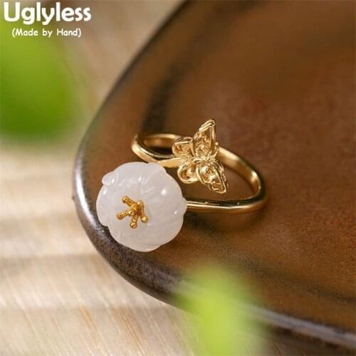 Uglyless 100% Real 925 Silver Butterfly Rings for Women Strawberry Quartz Hotan Jade Plum Flower Open Ring Female Fine Jewelry