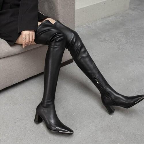 Genuine Leather Women Over The Knee High Boots Sexy High Heels Pumps metal square toe Winter Retro Night Club Prom Shoes Woamn