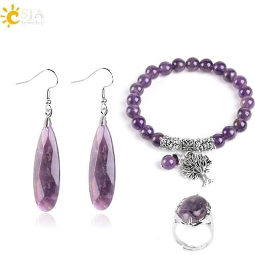 CSJA Purple Crystal Jewelry Set Women Tree of Life Meditation Bracelet Reiki Natural Stone Dangle Earring Oval Wedding Ring F666