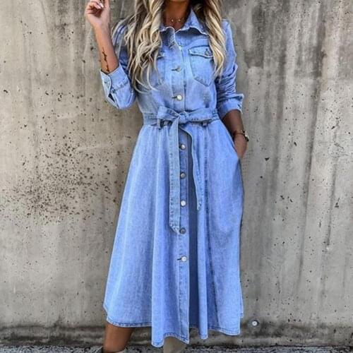 Single-Breasted High Waist Denim Dress Shrink-resistant Lapel Belt Long Sleeve Women Midi Dress Streetwear