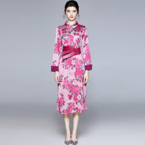 Spring Runway Long Sleeve Floral Print Shirt Dress Women Turn Down Neck Single Breasted Pockets Belt Midi Dress k8836