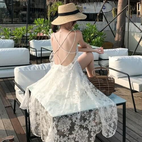 2019 Women Dress Fashion Summer Elegant Slim Bodycon Casual Party Beach Runway Sexy White Long Lace Spaghetti Strap Dress