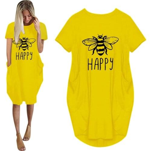 Women Casual Loose Dress With Pockets Fashion O Neck Short Sleeve Bee Print Long Tops Female Street Plus Size Summer Dress 2021