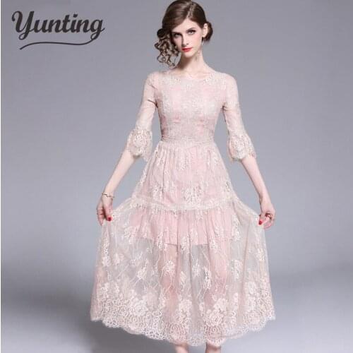 New Arrival Evening Party Mesh Dresses Women 2019 Summer Vintage Embroidery Dress Slim O-neck A-Line Maxi Vestidos