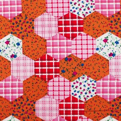 1 yard Cotton Poplin Fabric for sewing pathwork, dress, cloth, bedding - Flowers and hexagonal lattice (red) (width=145cm)