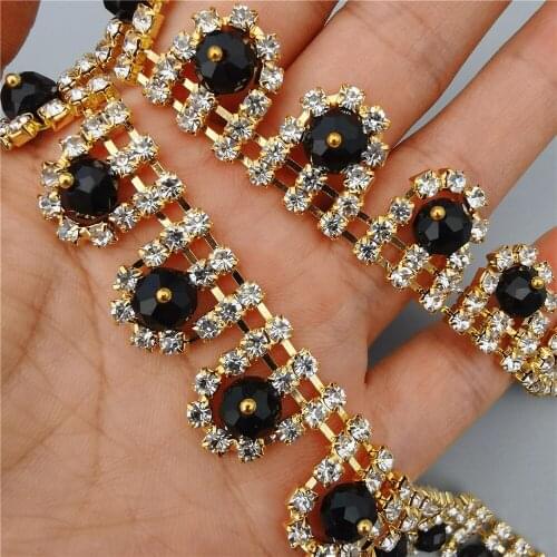 12 inches Silve Gold Rhinestone Crystal Chain Gemstone Black Glass Collar Trim Wedding Dress Necklace Decoration 17mm width