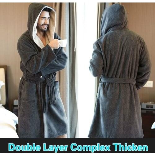 2020 New Nordic Winter Male Bathrobe Gray Comfort Flannel String Hooded Bath Robe Men Thick Warm Long Dressing Gown