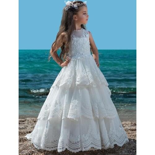 White Lace Applique Flower Girl Dresses Cute First Communion Dresses Flower Girl Dresses Sleeveless pageant gown Custom