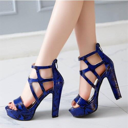 Summer Sandals Women Shoes Snake Print Platform Block Heels Party Shoes Buckle Super High Heel Sandals Lady blue Size 43