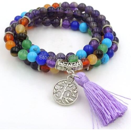 Tree Life 6mm Purple Quartz Crystal And 7 Chakra Balance Combination 108 Beads Beaded Bracelet Necklace