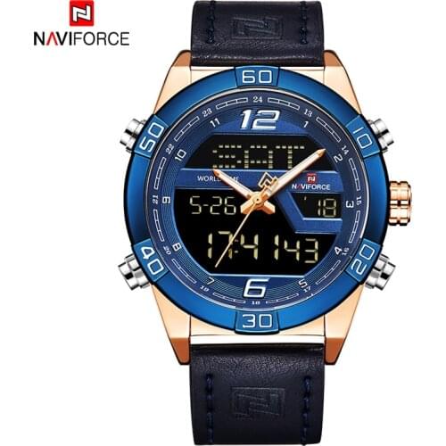 NAVIFORCE Mens Sport Watches Leather Quartz Digital Mens Watch Dual Display Analog Wristwatches Waterproof Clock Relogio