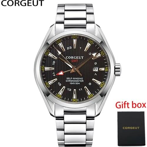 CORGEUT New GMT Watch Mens Stainless Steel Automatic Mechanical Watch Top Brand Waterproof Calendar Clock Relogio Masculino