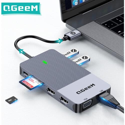 QGeeM USB C Hub Docking Station Triple Display Dual HDMI VGA USB Adapter Splitter for Xiaomi Laptops USB 3.0 Hub PC Accessories