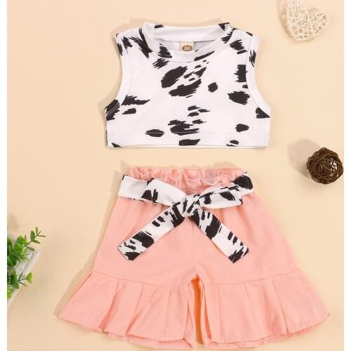 2Pcs Sweet Style Little Girls Outfit Children Summer Creative Cow Print Round Collar Sleeveless Short Vest + Lace Shorts Set