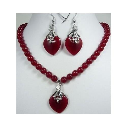 Red green Purple jade Necklace heart-shaped pendant Earring set >>plated watch wholesale Quartz jade CZ crystal