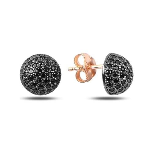 KUTAYDAN Black Zircon Stone 9mm Half Ball Earrings 925 Sterling Silver