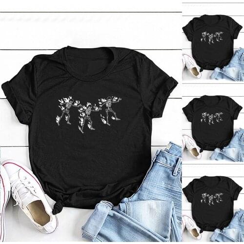 Fashion Casual Lady T-Shirt Summer Tops Black Women Daily Wear Tshirt T Shirt Skull Skeleton Ghost Fire Print Female T-Shirt D30
