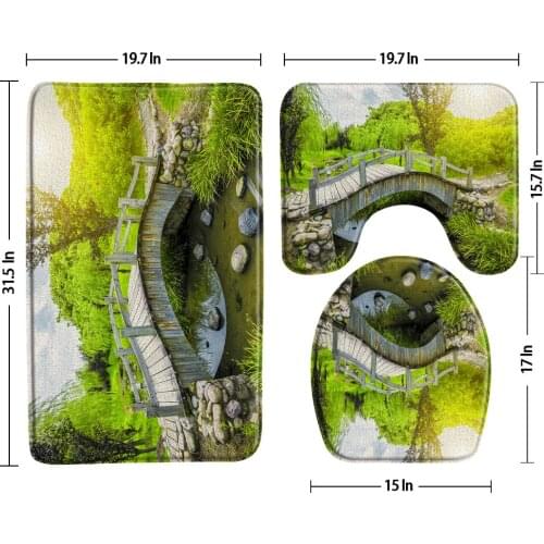 Japanese Garden Landscape Bath Mat Set Green Tree Bridge Non-Slip 3 Piece Bathroom Decor Set Rugs Toilet Cover Lid U-Shaped Pad
