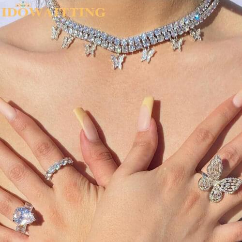 Pink pinky 5A cz tennis chain butterfly drop charm choker necklace girl women layer jewelry cool Rock hip hop jewelry