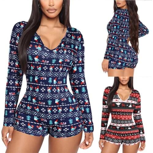 Autumn Women Christmas Printed Romper Casual Polyester Comfortable Adults Slim-fit Long Sleeve V-neck Playsuit