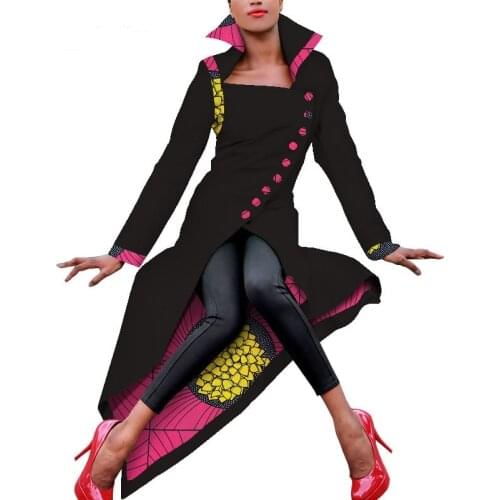 Stock Size Low Price African Print Tops for Women Dashiki Long Sleeve Coat Windbreaker Women Plus Size Trench Coat WY5311