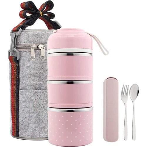 Food Thermos Bento Lunch Box 3 layer Stackable Stainless Steel Thermos For Food Hot with Insulated Lunch Bag and Portable Utensi