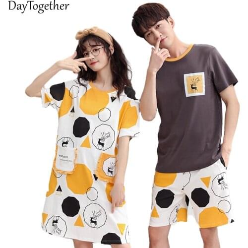 Womens Pajamas Summer Pattern Printed Long tshirt Ladies Cotton Couple Short Sleeve Pajama Sets Home Sleepwear