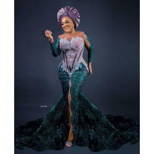 Aso Ebi Style Memaid Prom Dresses 2021 Sheer Neck Silver Lace Appliqued Long Sleeves Plus Size African Women Evening Party Gowns