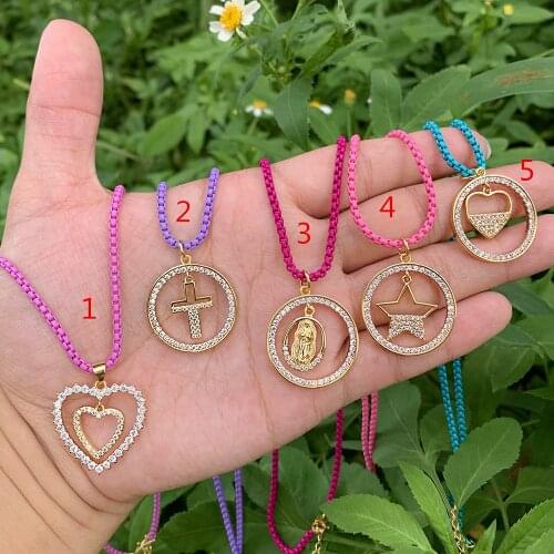 Casual Necklace Jewelry Wholesale CZ Micro Pave Copper Gold Plated Hollow Out Round Shape Enamel Rainbow Box Chain